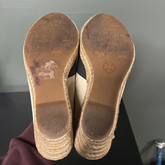 Tory Burch Filipa Espadrille Canvas Peep Toe Wedge Sandal Size 8.5 Black Beige - Picture 5 of 5